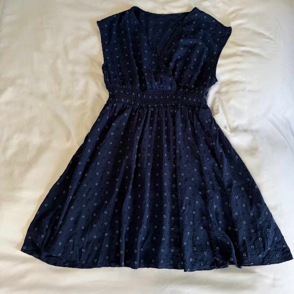 SHEIN Navy Blue Swiss Dot Smocked Waist V-Neck Sleeveless A-Line Dress XL 12